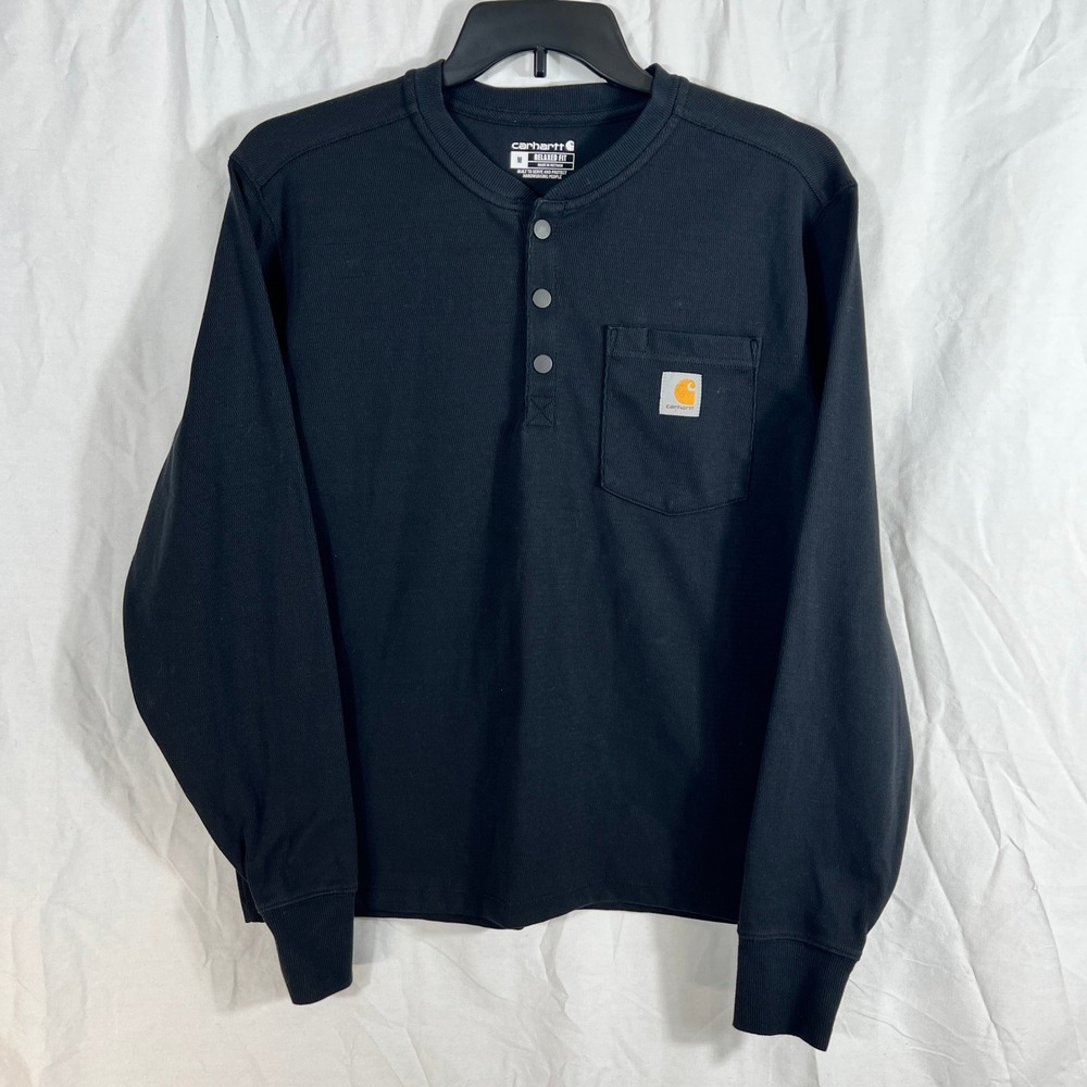 Carhartt Mens Long Sleeve Henley Shirt Black Relaxed Fit Size M